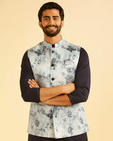 Men Soft White Printed Nehru Jacket